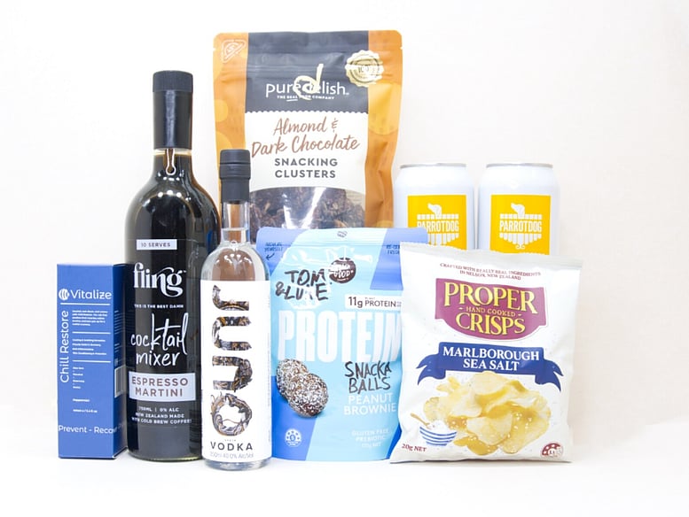 Beer & Bites Gift Box NZ featuring Behemoth Dump The Trump IPA, gourmet jerky, roasted nuts, artisan chocolate and premium snacks.