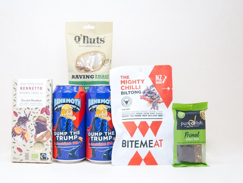 Beer & Bites Gift Box NZ featuring Behemoth Dump The Trump IPA, gourmet jerky, roasted nuts, artisan chocolate and premium snacks.