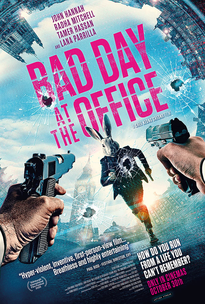 'BAD DAY AT THE OFFICE' official teaser trailer image for the first-person POV action thriller starring John Hannah and Radha Mitchell.
