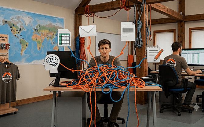 Disconnected bookings, emails, spreadsheets, and operational tasks create a tangled workload for a tour operator, making it difficult to keep everything organised.