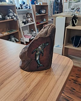 Handcrafted timber paua dolphin art by Philip Steele