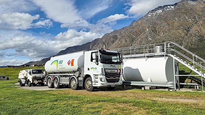 RD Petroleum Aviation fuel tanker at NZONE Queenstown skydive base, Remarkables mountains in background