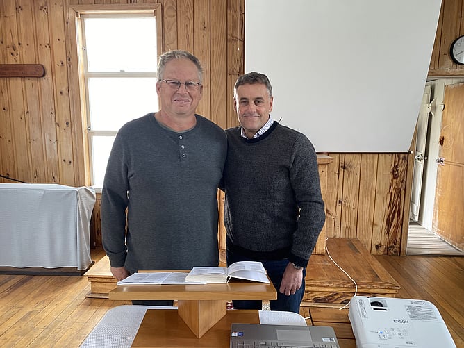 Wayne Fleming (Tōtara North Bible Chapel) and David Frost (Franklin Bible Church)