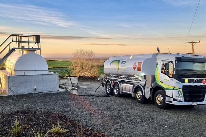 RD Petroleum fuel tanker refuelling bulk storage at South Canterbury Helicopters at sunset