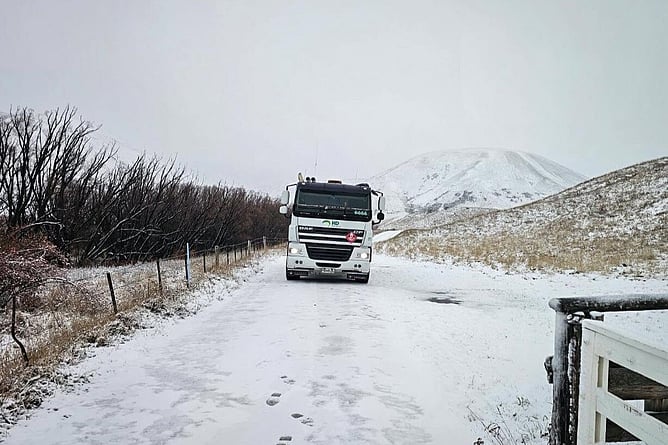 RD Petroleum fuel tanker driving through snow in the Awatere Valley, Marlborough