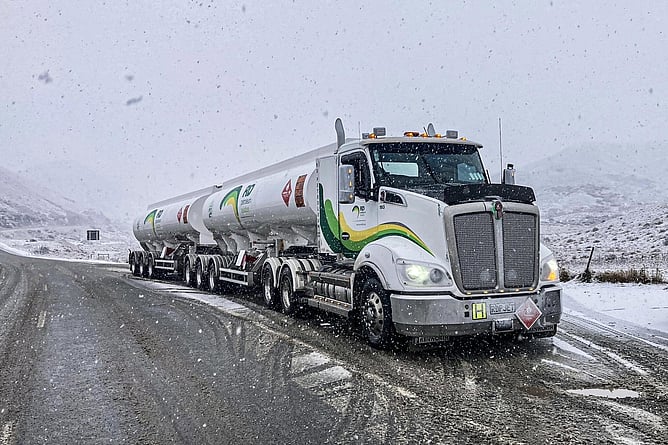 RD Petroleum aviation tanker driving through snow on Lindis Pass