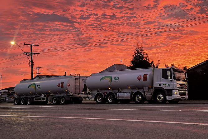 RD Petroleum fuel tanker parked in Hampden, North Otago, under a red sky