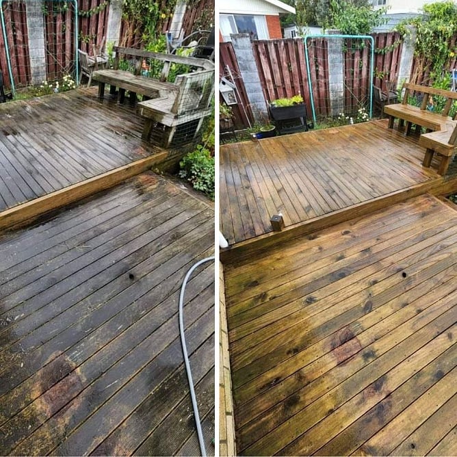 before and after of a wooden deck clean