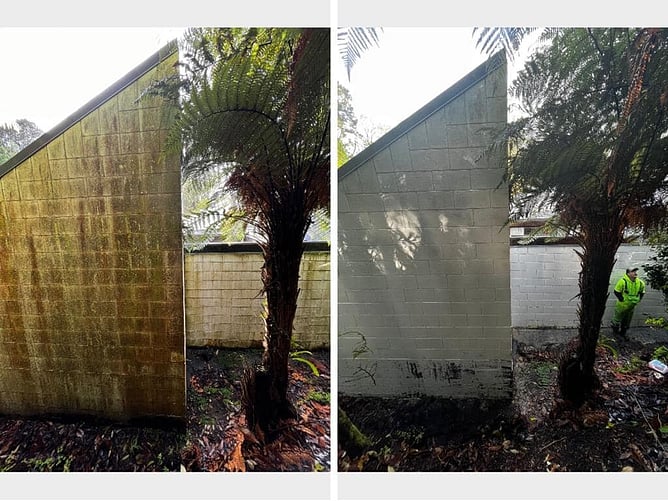before and after of an exterior house clean by DryGutts