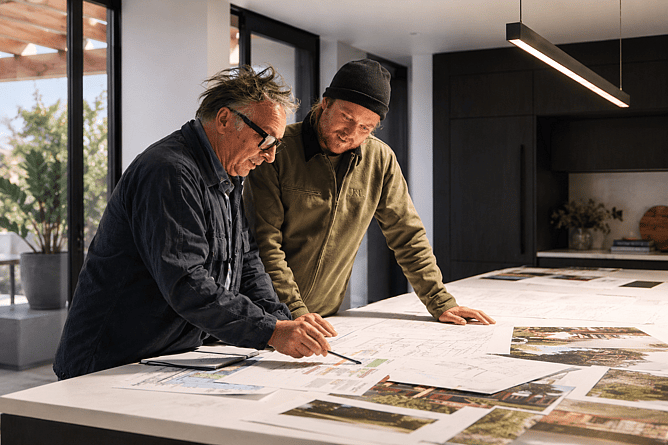 Architect reviewing plans for a home renovation