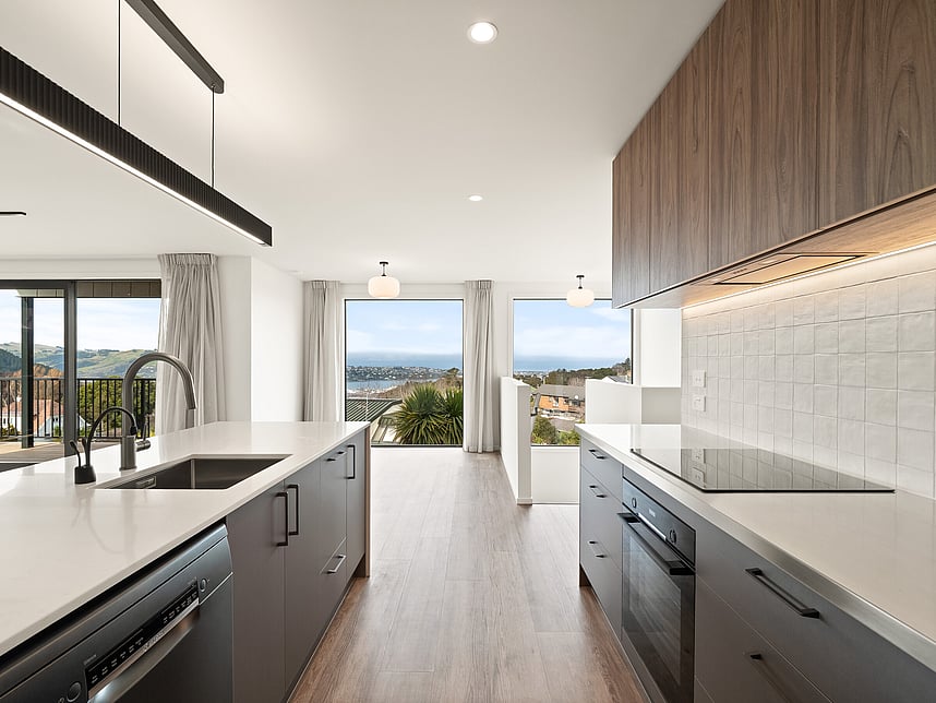 Kitchen image of Highgate Ridge townhouses in Maori Hill. Built by MJW Homes. Dunedin, Otago.