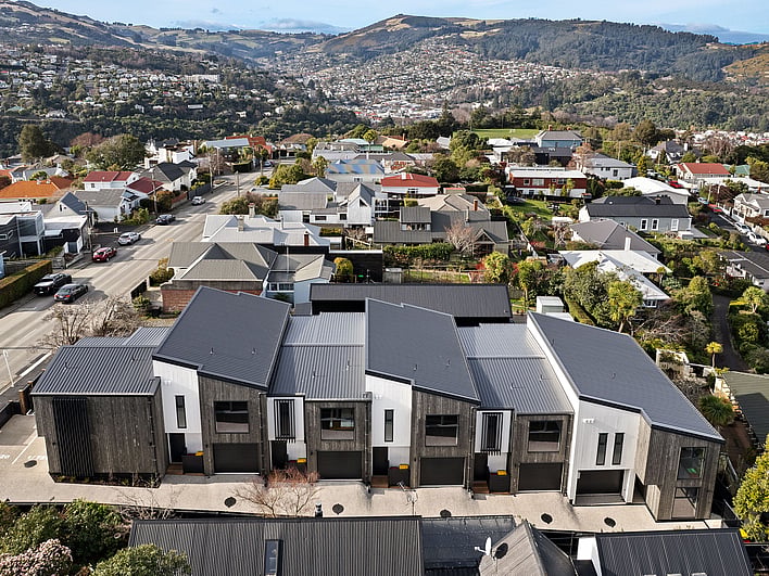 Exterior image of Highgate Ridge townhouses in Maori Hill. Built by MJW Homes. Dunedin, Otago.