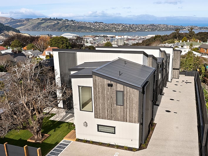 Exterior image of Highgate Ridge townhouses in Maori Hill. Built by MJW Homes. Dunedin, Otago.