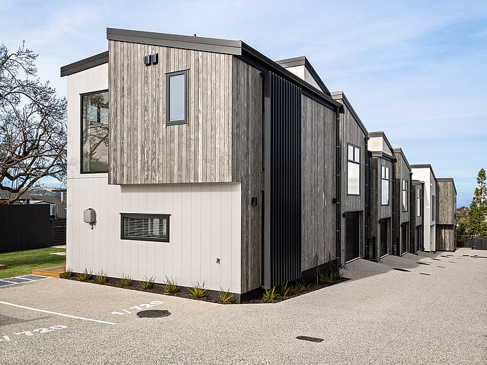 Exterior image of Highgate Ridge townhouses in Maori Hill. Built by MJW Homes. Dunedin, Otago.