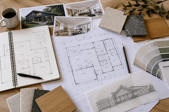 New home design ideas, architectural plans and material samples during the early planning stage