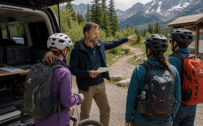 A tour guide talks with cyclists before their ride, highlighting the time spent with guests and out on the trail rather than behind a desk managing technology.