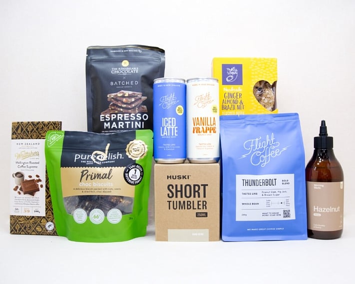 Coffee Gift Box featuring Flight Coffee, HUSKI tumbler, hazelnut syrup, coffee chocolate, and NZ-made treats.