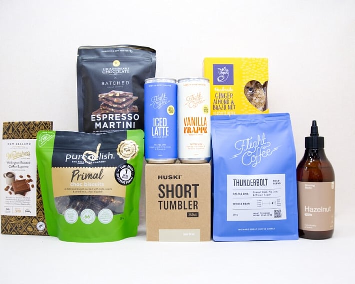 Coffee Gift Box featuring Flight Coffee beans, HUSKI coffee cup, Morning Made hazelnut syrup, coffee chocolates, biscotti, and gourmet NZ-made treats.