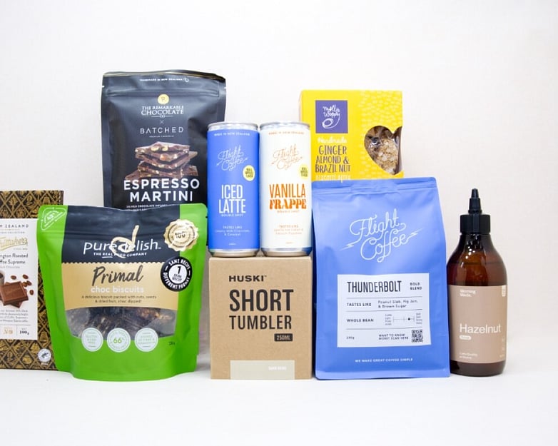 Coffee Gift Box featuring Flight Coffee beans, HUSKI coffee cup, Morning Made hazelnut syrup, coffee chocolates, biscotti, and gourmet NZ-made treats.