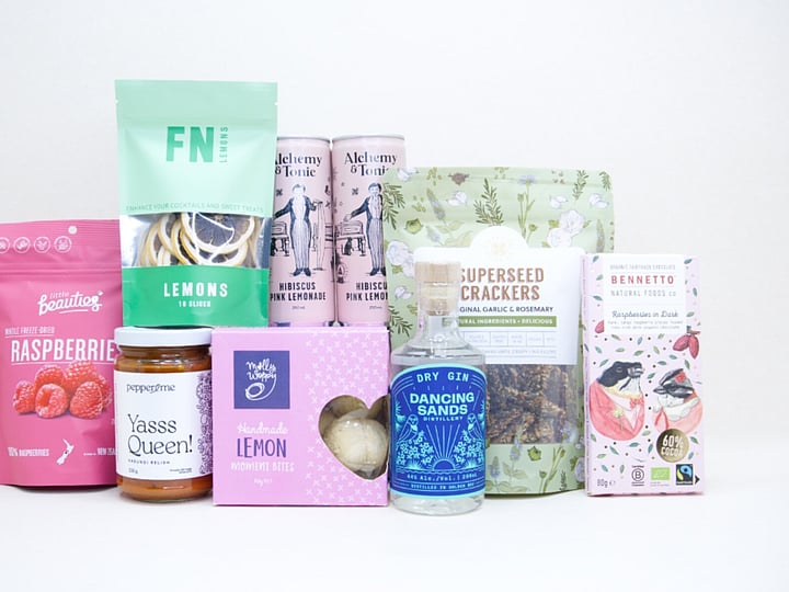 Gin O'Clock Gift Box featuring Dancing Sands Gin, Alchemy tonic, dried citrus, Superseed crackers, Yas Queen Relish, Molly Woppy Lemon Moments, Bennetto chocolate, and NZ-made gourmet treats.