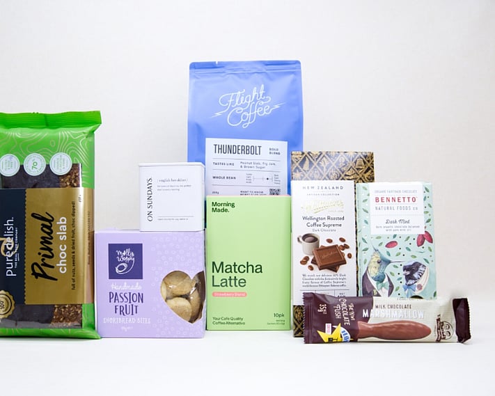 Morning Tea Gift Box featuring Flight Coffee, ONSUNDAY tea, strawberry matcha latte, artisan chocolates, Molly Woppy passionfruit cookies, and NZ-made treats.