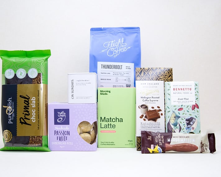 Morning Tea Gift Box featuring Flight Coffee, ONSUNDAY tea, strawberry matcha latte, artisan chocolates, Molly Woppy passionfruit cookies, and NZ-made treats.
