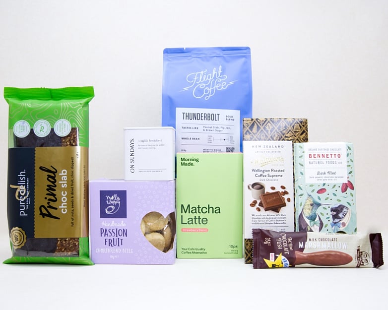 Morning Tea Gift Box featuring Flight Coffee, ONSUNDAY tea, strawberry matcha latte, artisan chocolates, Molly Woppy passionfruit cookies, and NZ-made treats.