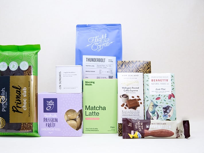 Morning Tea Gift Box featuring Flight Coffee, ONSUNDAY tea, strawberry matcha latte, artisan chocolates, Molly Woppy passionfruit cookies, and NZ-made treats.