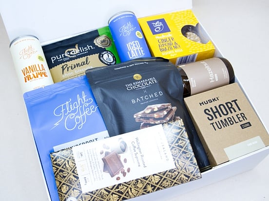 Coffee gift box with artisan coffee, sweet treats and premium New Zealand made products.