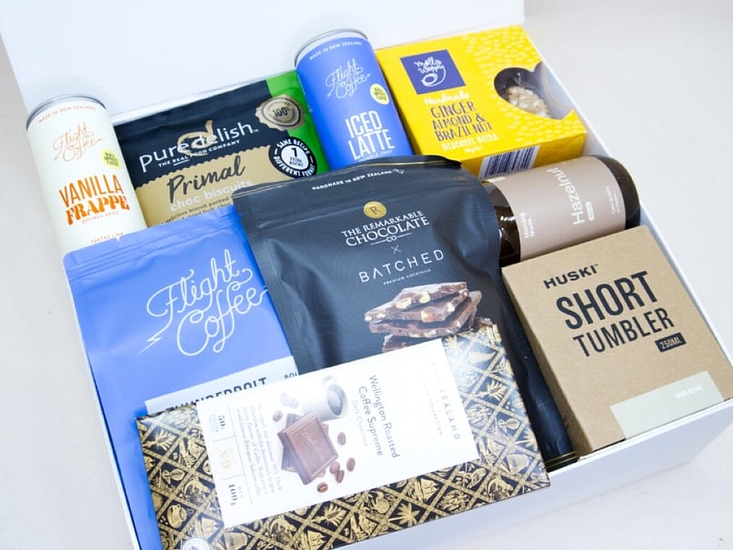 Coffee Gift Box featuring Flight Coffee beans, HUSKI coffee cup, Morning Made hazelnut syrup, coffee chocolates, biscotti, and gourmet NZ-made treats.