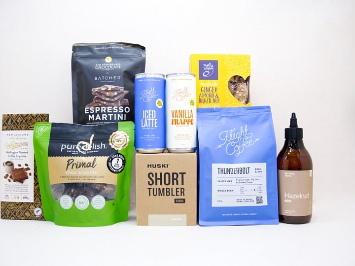 Coffee Gift Box featuring Flight Coffee, HUSKI tumbler, hazelnut syrup, coffee chocolate, and NZ-made treats.