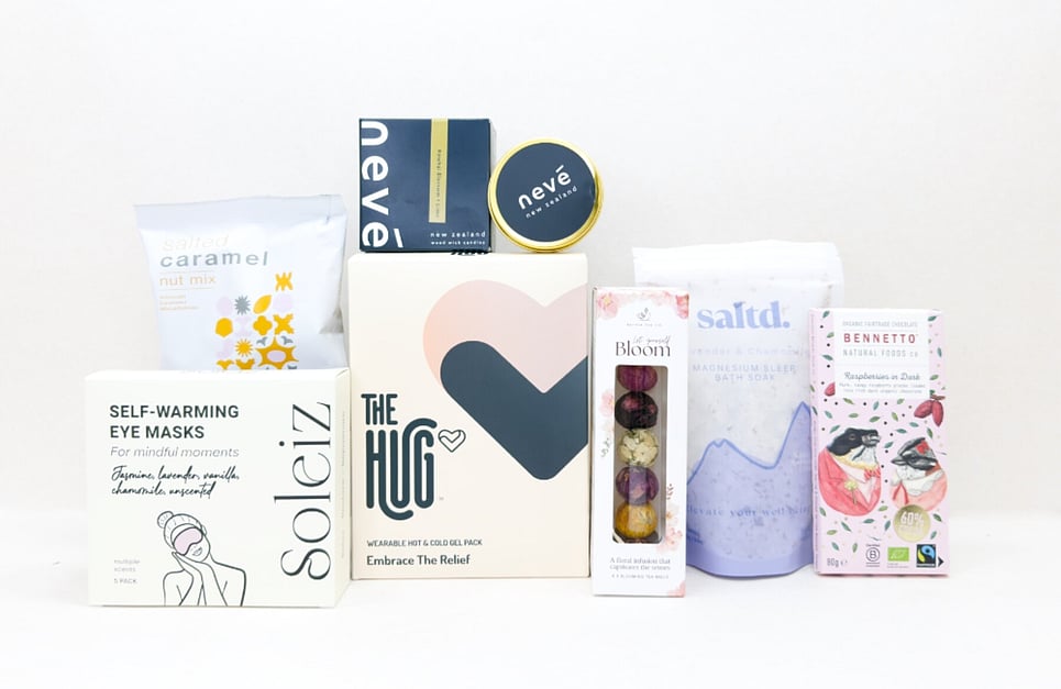 Self care gift box NZ filled with NZ-made beauty and wellness products from KYND Gift Boxes
