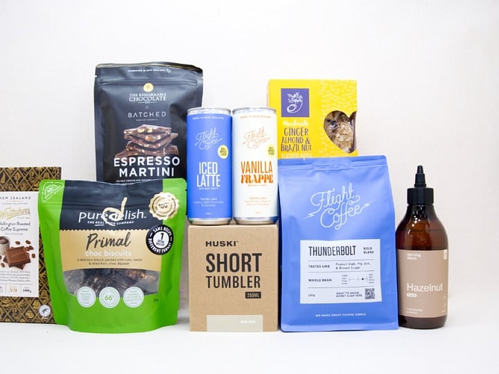 Coffee Gift Box featuring Flight Coffee beans, HUSKI coffee cup, Morning Made hazelnut syrup, coffee chocolates, biscotti, and gourmet NZ-made treats.