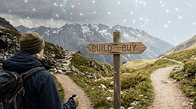 A tour operator faces a choice between “Build” and “Buy”, reflecting the decision between developing custom AI technology or choosing an established platform to keep the focus on running great tours.