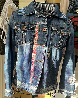 Handmade textile art recycled denim jacket by Annie Bates