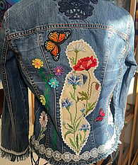 Handmade textile art recycled denim jacket by Annie Bates
