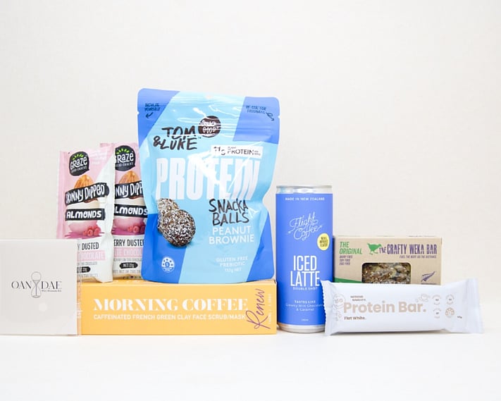 Morning Coffee Gift Box NZ with Flight Coffee, coffee face scrub, protein snacks, almonds, and wellness treats beautifully packaged for gifting