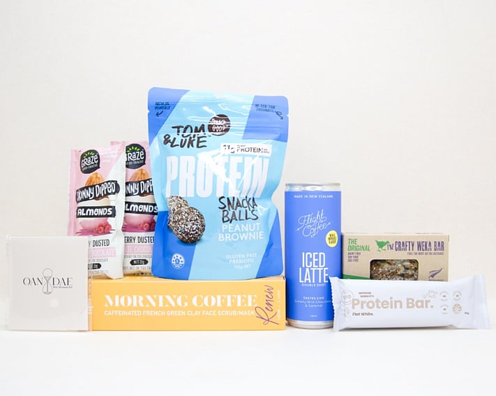 Morning Coffee Gift Box NZ with Flight Coffee, coffee face scrub, protein snacks, almonds, and wellness treats beautifully packaged for gifting