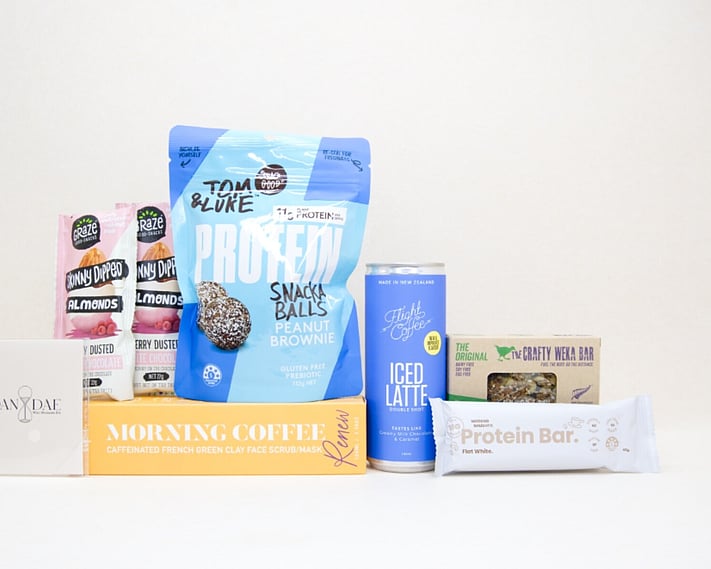 Morning Coffee Gift Box NZ with Flight Coffee, coffee face scrub, protein snacks, almonds, and wellness treats beautifully packaged for gifting