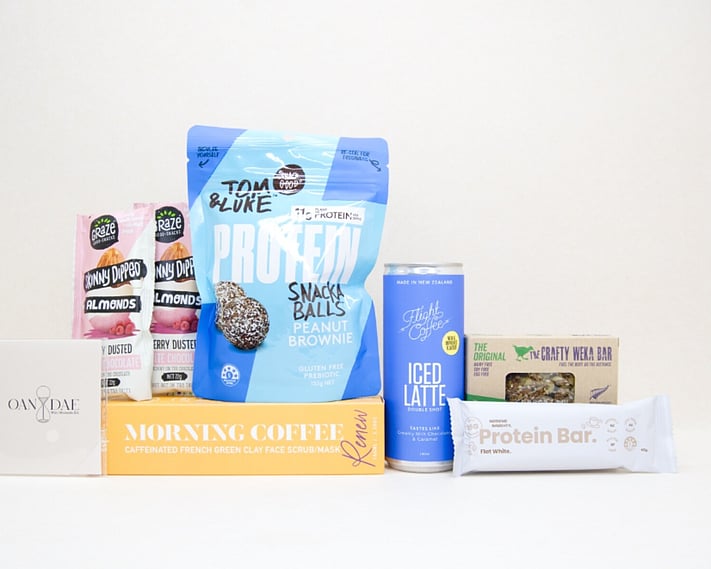 Morning Coffee Gift Box NZ with Flight Coffee, coffee face scrub, protein snacks, almonds, and wellness treats beautifully packaged for gifting