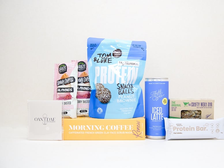 Morning Coffee Gift Box NZ with Flight Coffee, coffee face scrub, protein snacks, almonds, and wellness treats beautifully packaged for gifting