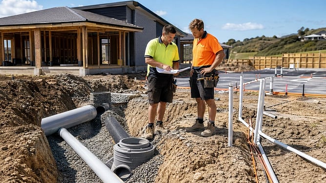 tradies discussing plans for new build drainage
