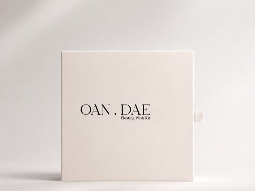 Close-up of Oan Dae Wish Kits bath and wellness products featured in a KYND gift box.