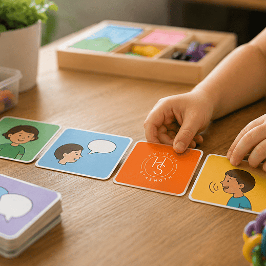 Child playing a card game during a speech pathology session, holding a card with the Holistic Strength logo