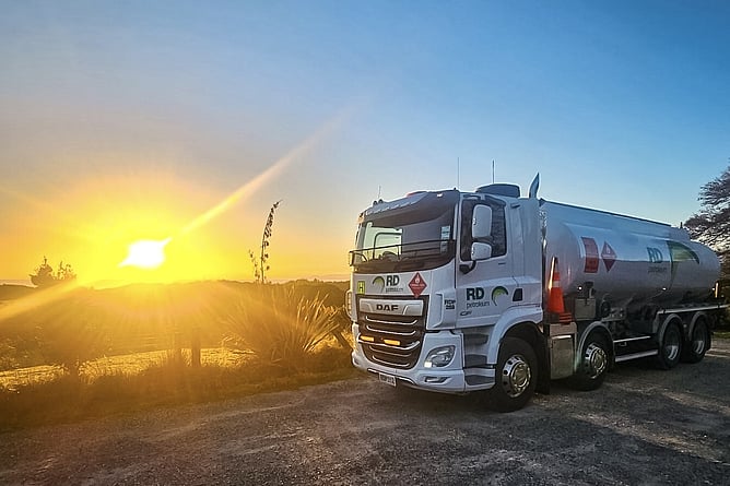 RD Petroleum fuel tanker parked at sunset in Golden Bay