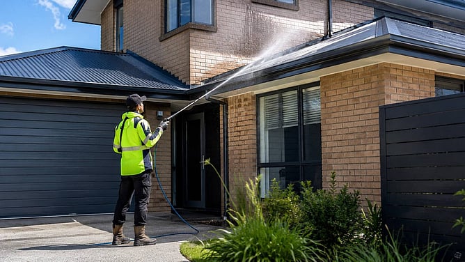 Brick house with cobwebs and mildew buildup being cleaned by DryGutts ai