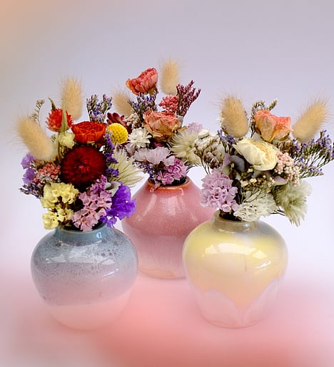Bud vase and posies. Our ready to gift range of handmade pottery and hand picked dried flower bouquets make the perfect gift under $40