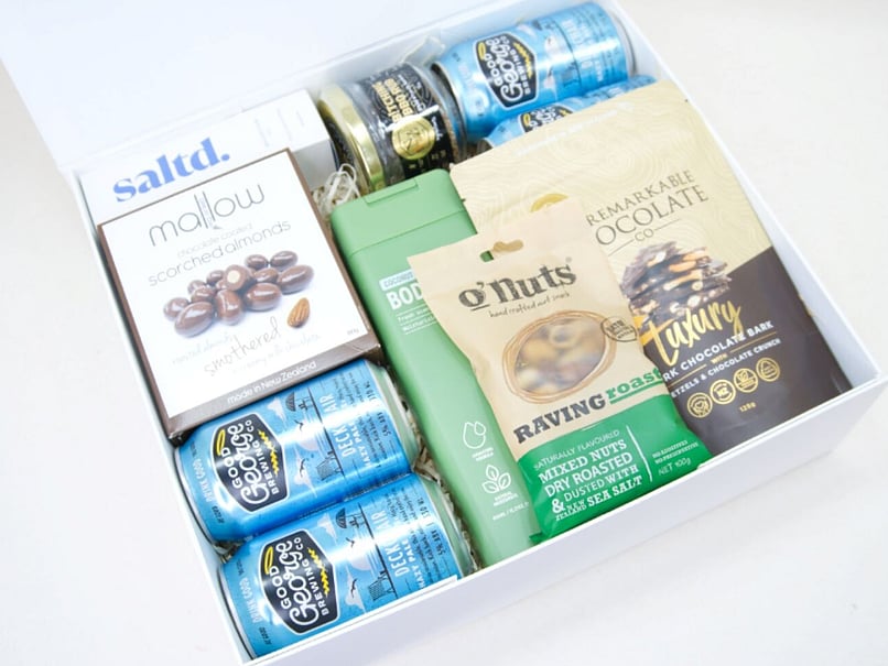 craft beer & bbq gift box -good george beer, huski, pepper & me sesh oil, two dudes body wash, mallow marshmellow