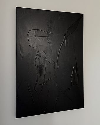 full image of abstract painting on linen with a densely textured warm black surface created with acrylic and silica sand, showing irregular glossy forms pooling throughout, subtle shifts between matte and softly reflective areas and scattered raised ridges and irregular markings across the surface 