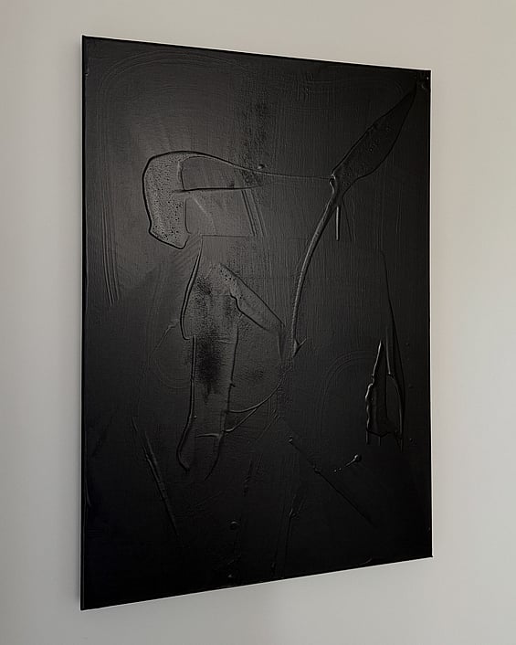 full image of atmospheric landscape painting on linen with a densely textured warm black surface created with acrylic and silica sand, showing irregular glossy forms pooling throughout, subtle shifts between matte and softly reflective areas and scattered raised ridges and irregular markings across the surface 